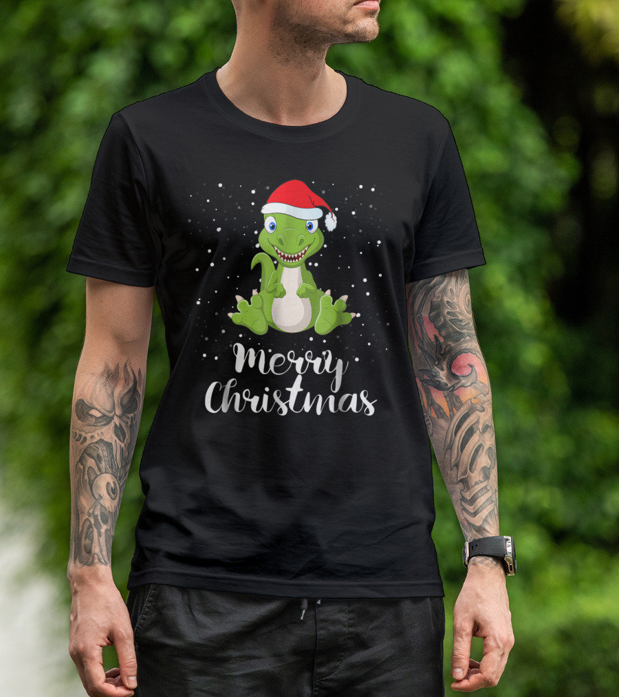 Merry Christmas Dinosaur Santa Hat Matching Family Group T-Shirt
