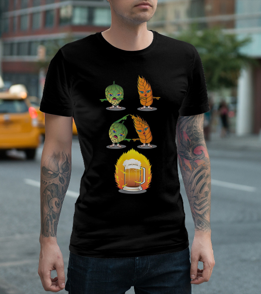 Funny Beer Fusion Hop and Malt Characters with Beer Mug Explosion T-Shirt