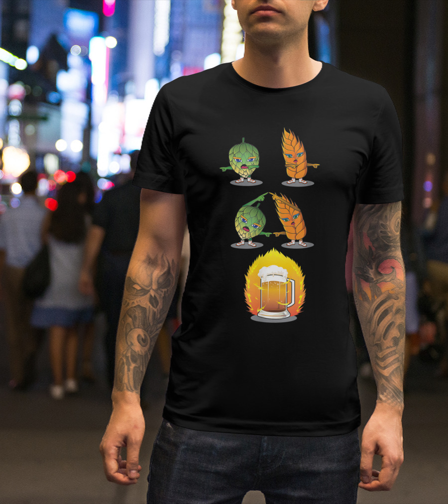 Funny Beer Fusion Hop And Malt Characters With Beer Mug Explosion T-Shirt