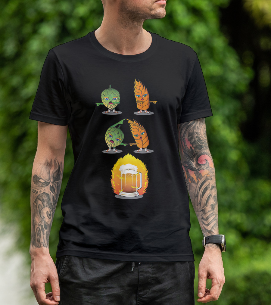 Funny Beer Fusion Hop And Malt Characters With Beer Mug Explosion T-Shirt