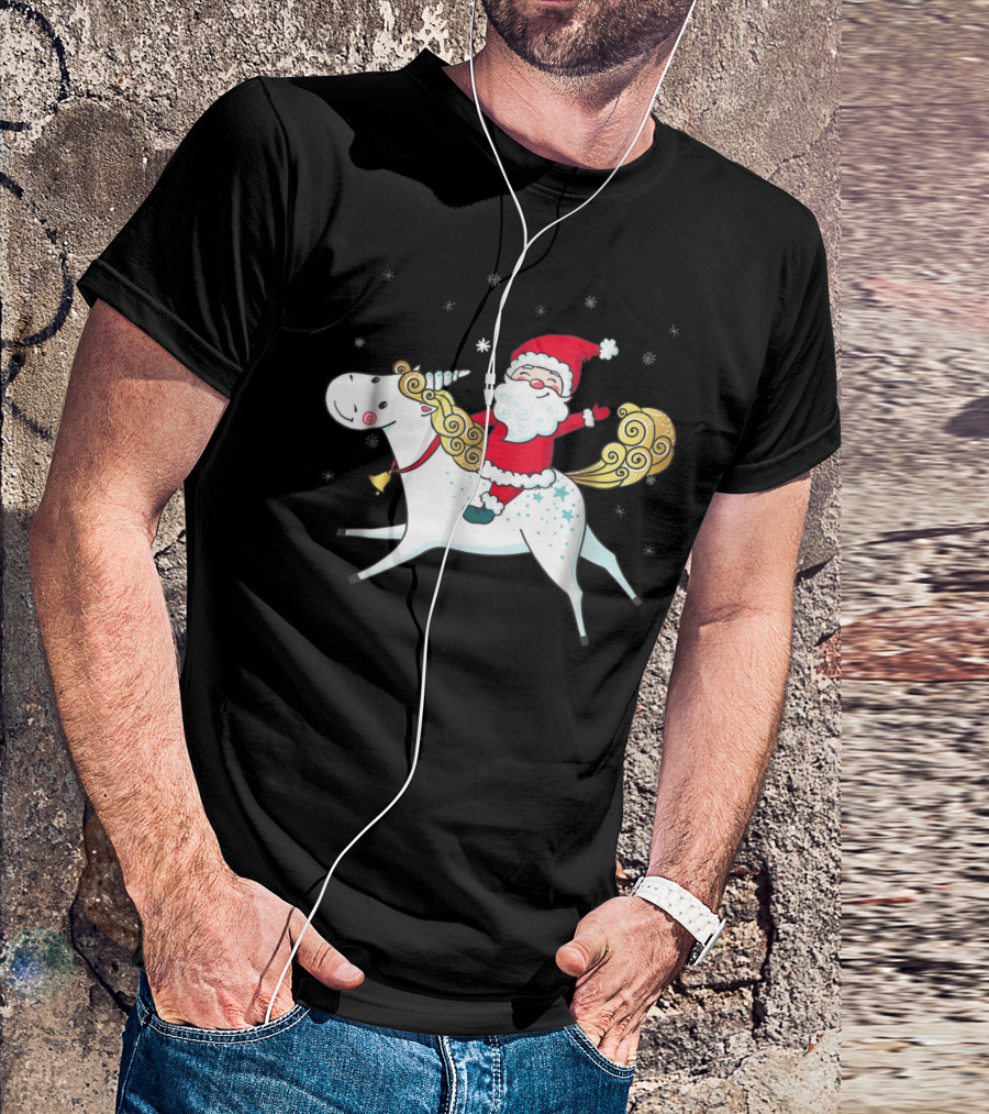 Funny Santa Claus Riding A Unicorn Christmas Noel T-Shirt