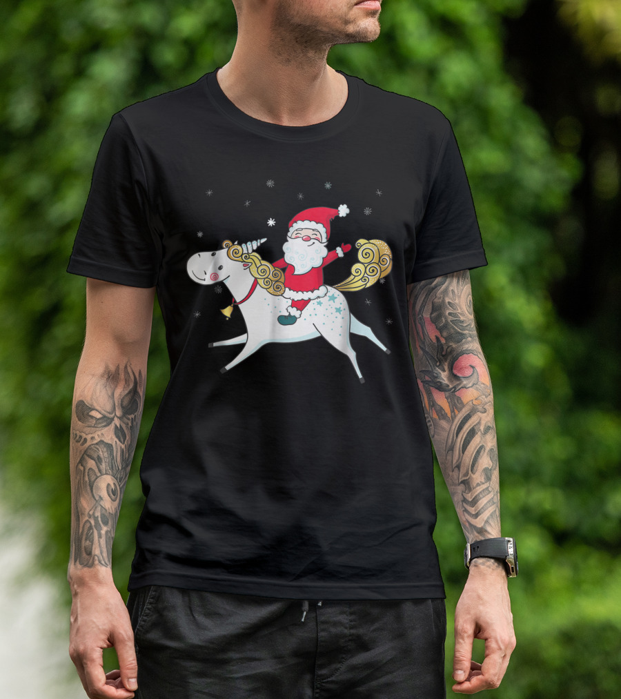 Funny Santa Claus Riding A Unicorn Christmas Noel T-Shirt