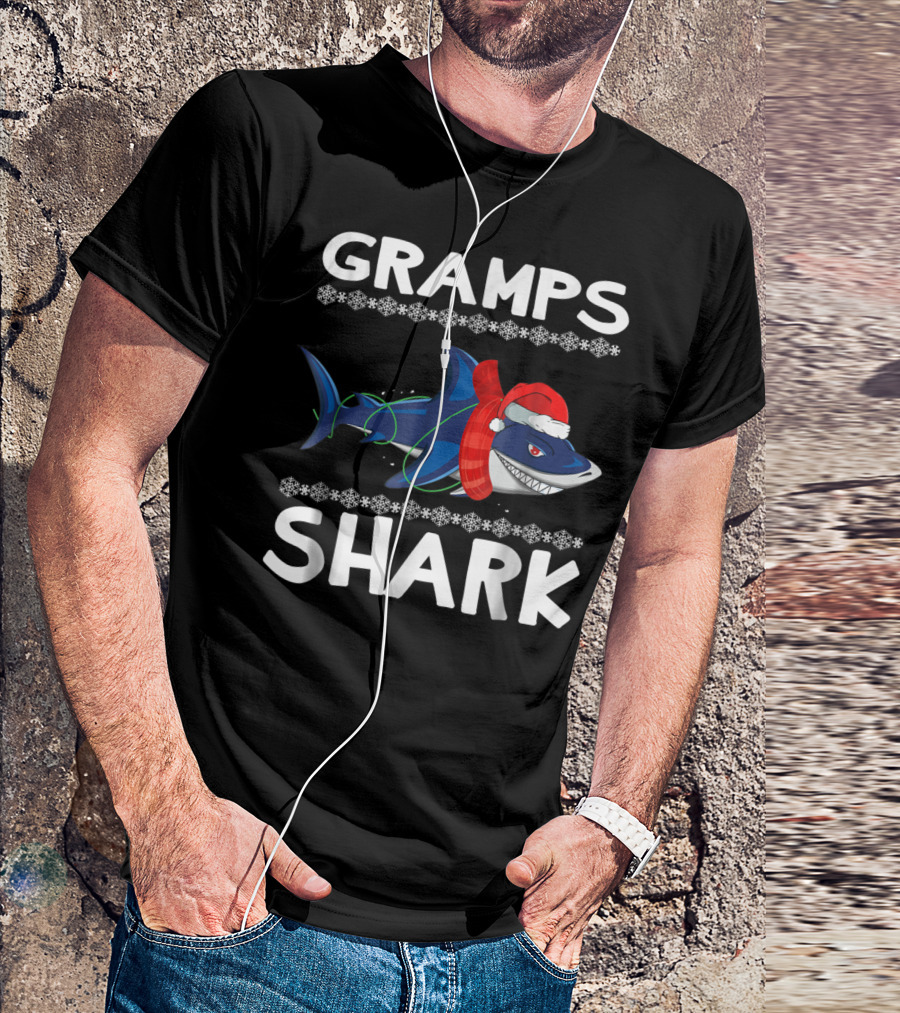 Gramps Shark Ugly Christmas Family Santa Hat And Scarf Snowflakes T-Shirt