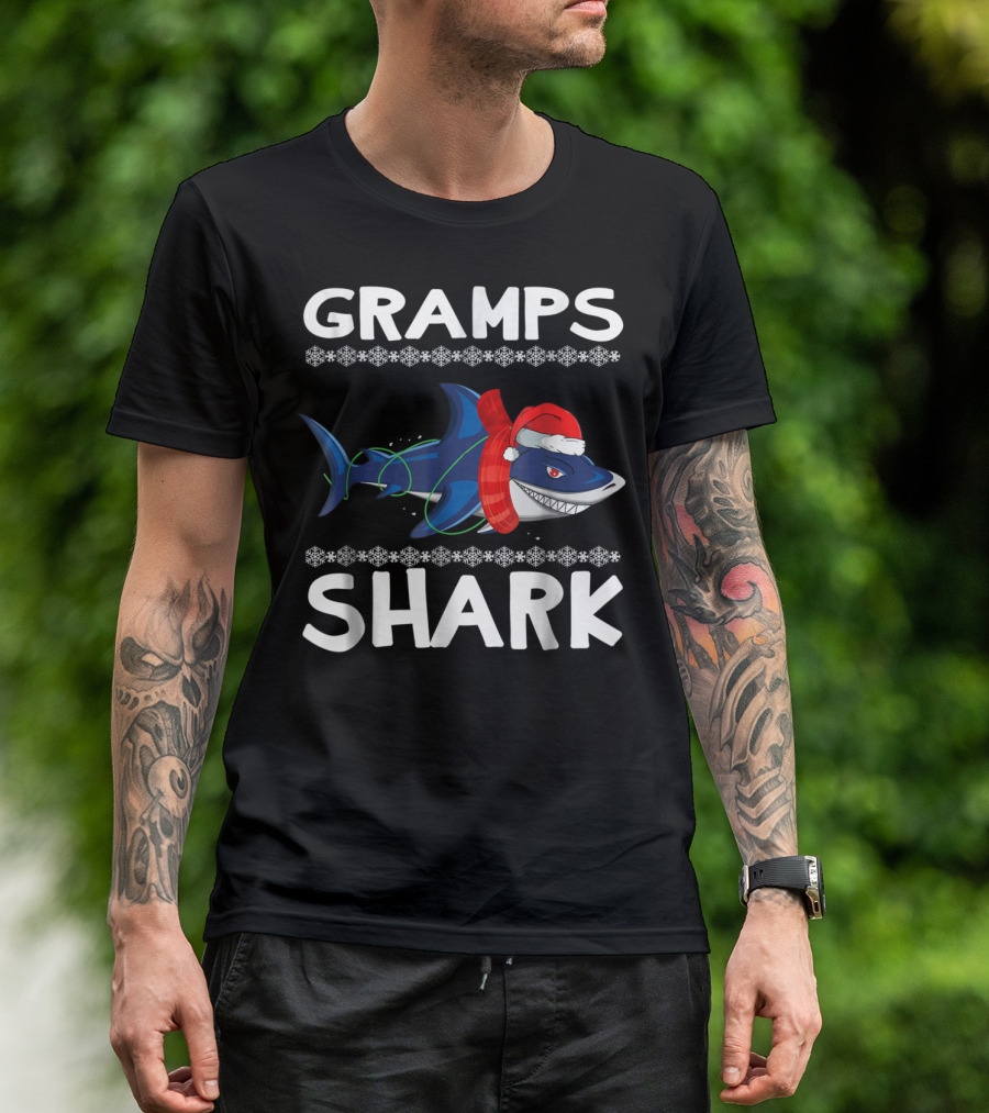 Gramps Shark Ugly Christmas Family Santa Hat And Scarf Snowflakes T-Shirt