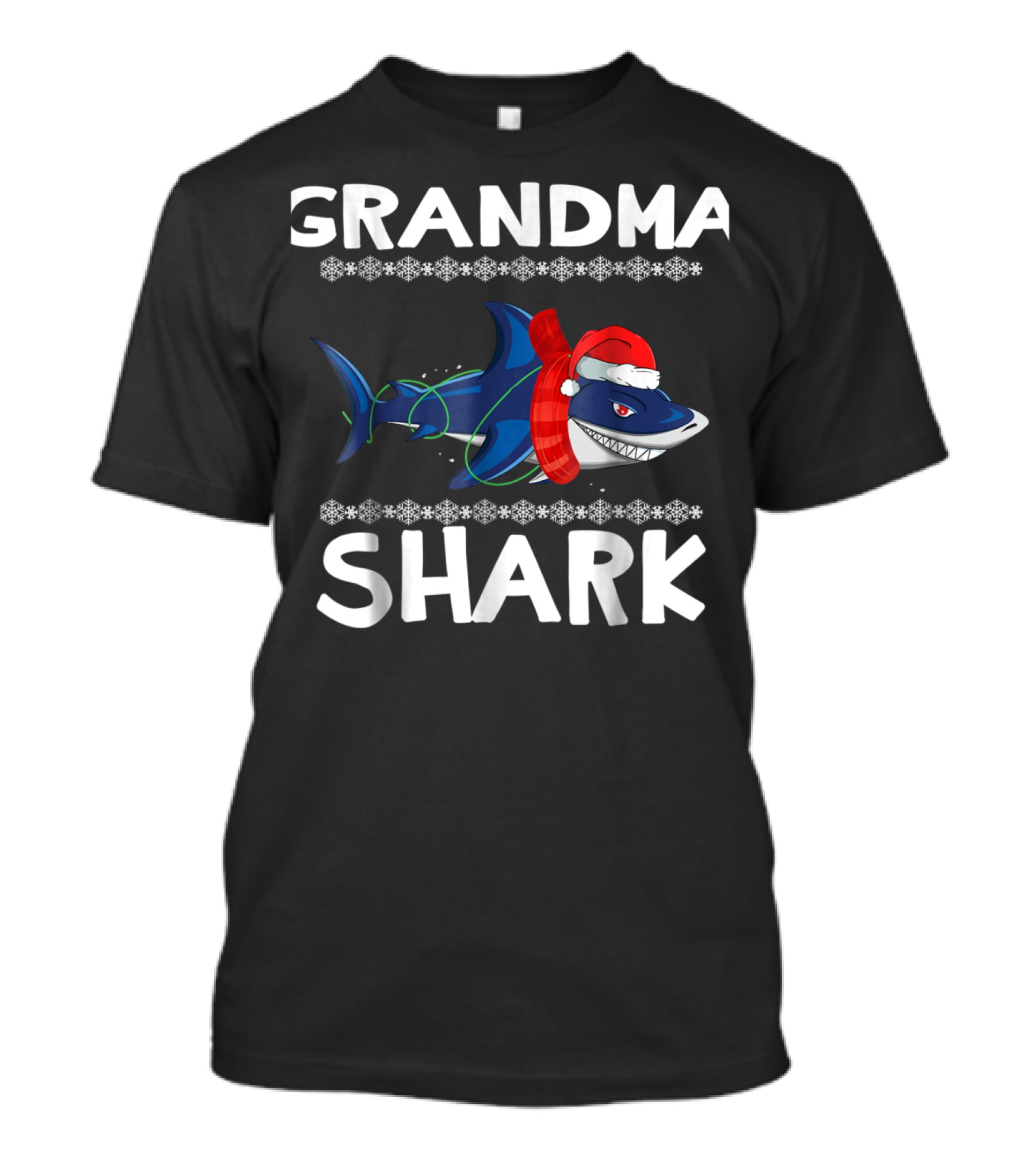 Grandma Shark Ugly Christmas With Santa Hat And Scarf T-Shirt