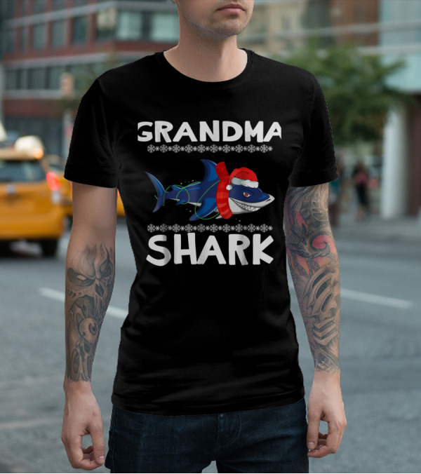 Grandma Shark Ugly Christmas With Santa Hat And Scarf T-Shirt