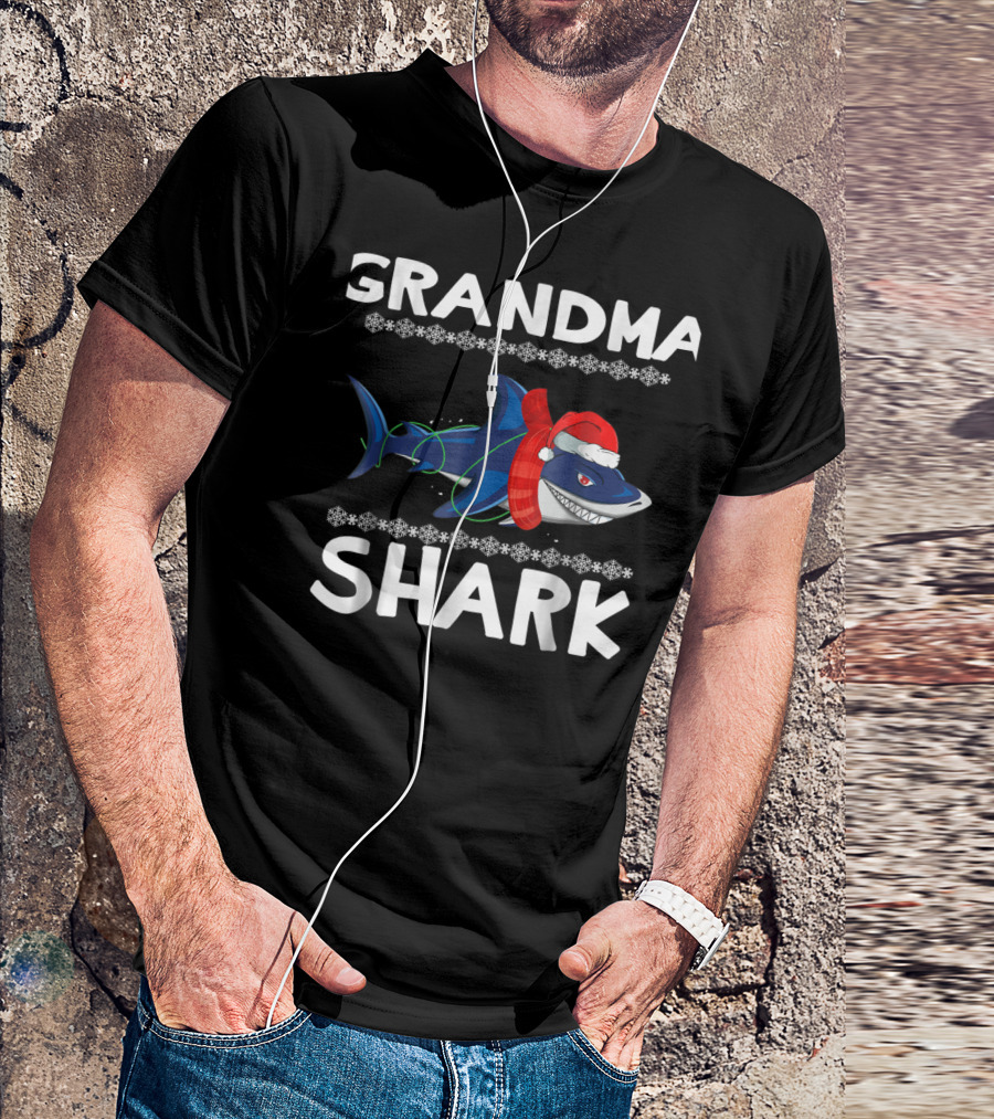 Grandma Shark Ugly Christmas With Santa Hat And Scarf T-Shirt
