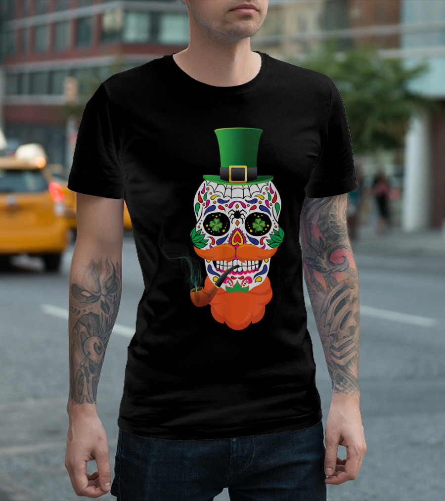 Irish Sugar Skull Leprechaun St Patricks Day Clover Pipe Hat Colorful T-Shirt
