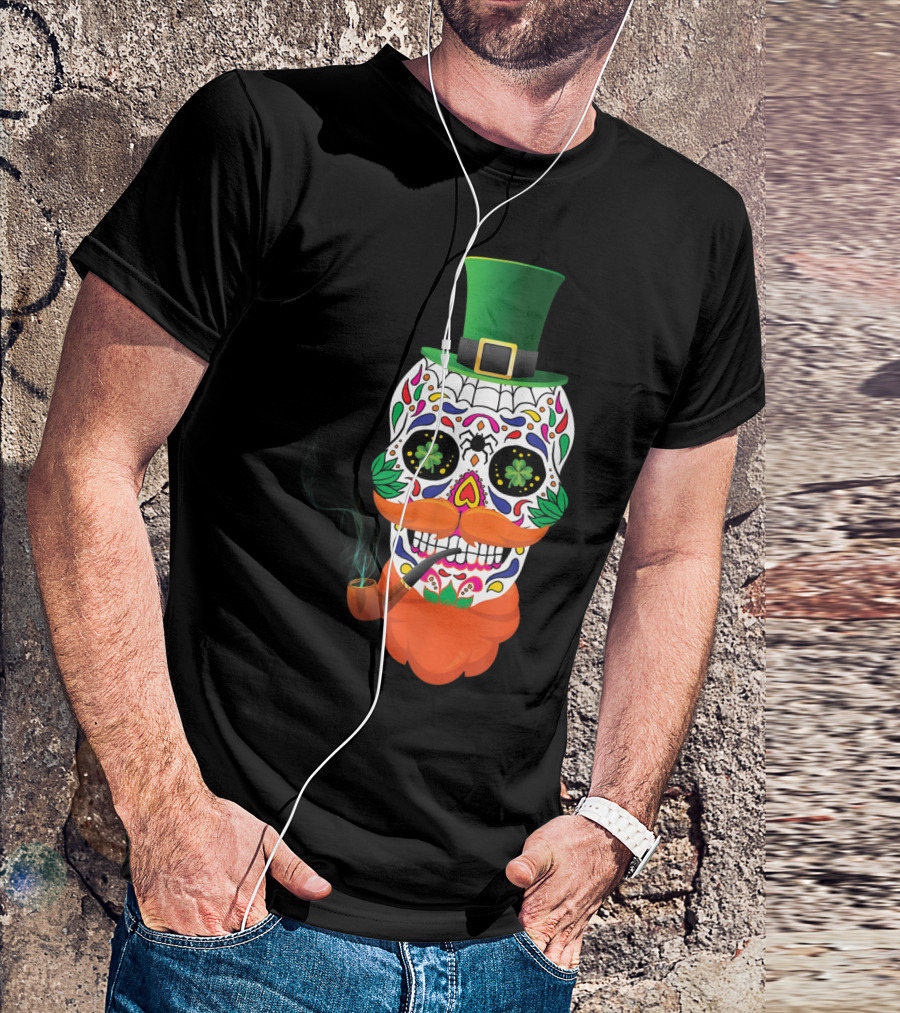 Irish Sugar Skull Leprechaun St Patricks Day Clover Pipe Hat Colorful T-Shirt