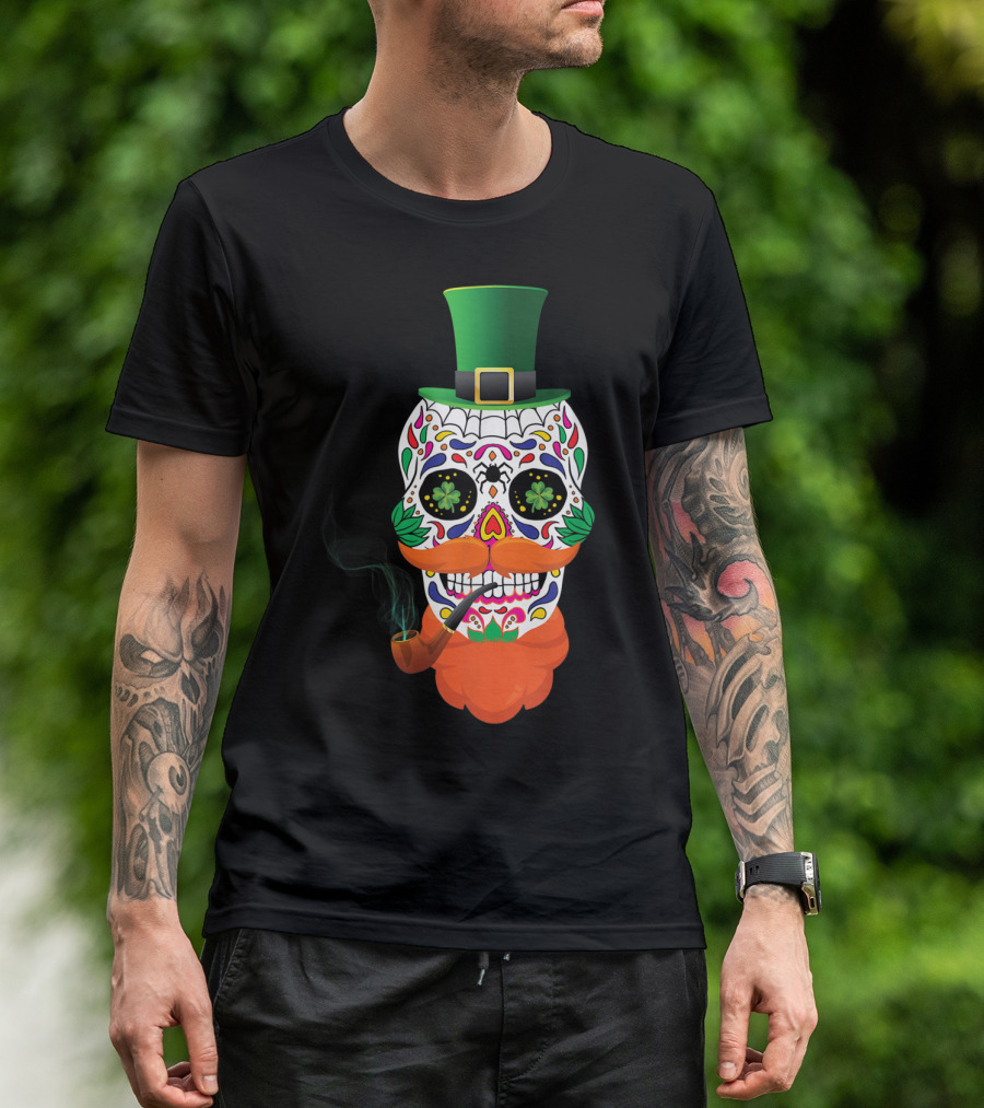 Irish Sugar Skull Leprechaun St Patricks Day Clover Pipe Hat Colorful T-Shirt