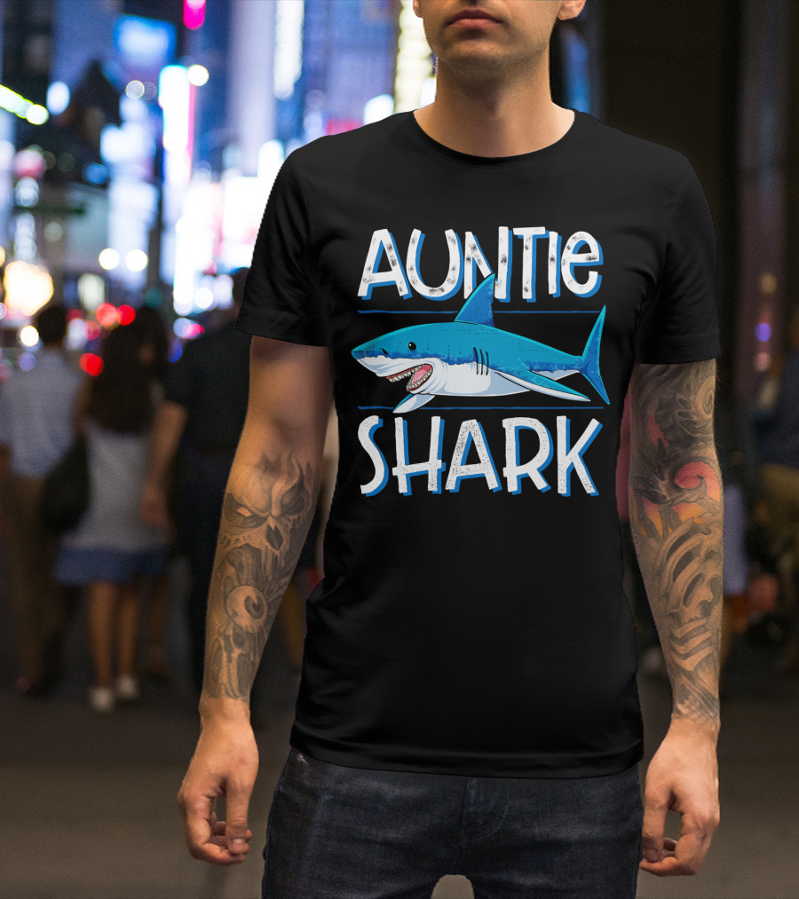 Auntie Shark Family Matching Aunt Women Jawsome Blue Shark Cartoon T-Shirt
