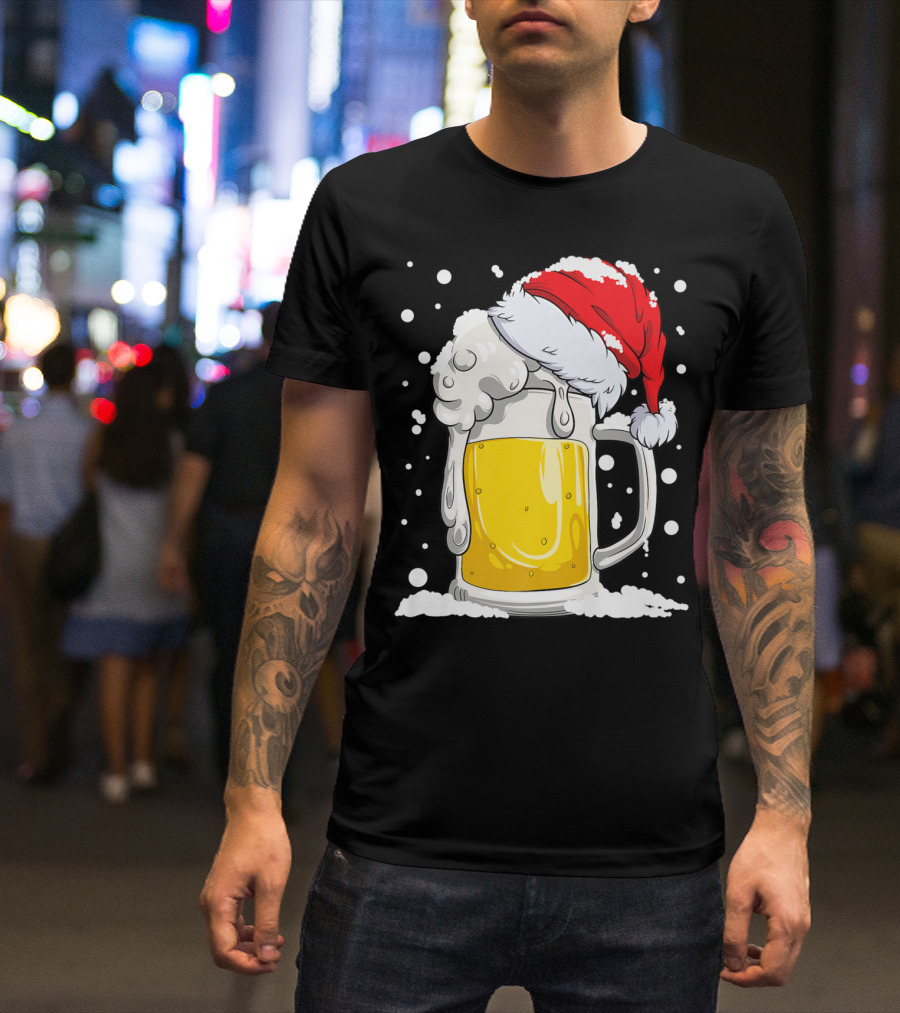 Beer Mug Wearing Santa Hat Surrounded By Snowflakes T-Shirt