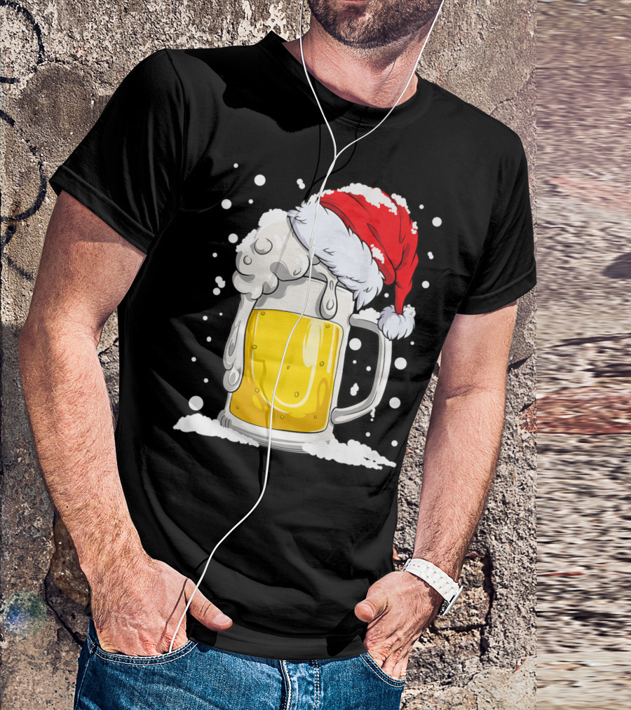Beer Mug Wearing Santa Hat Surrounded By Snowflakes T-Shirt
