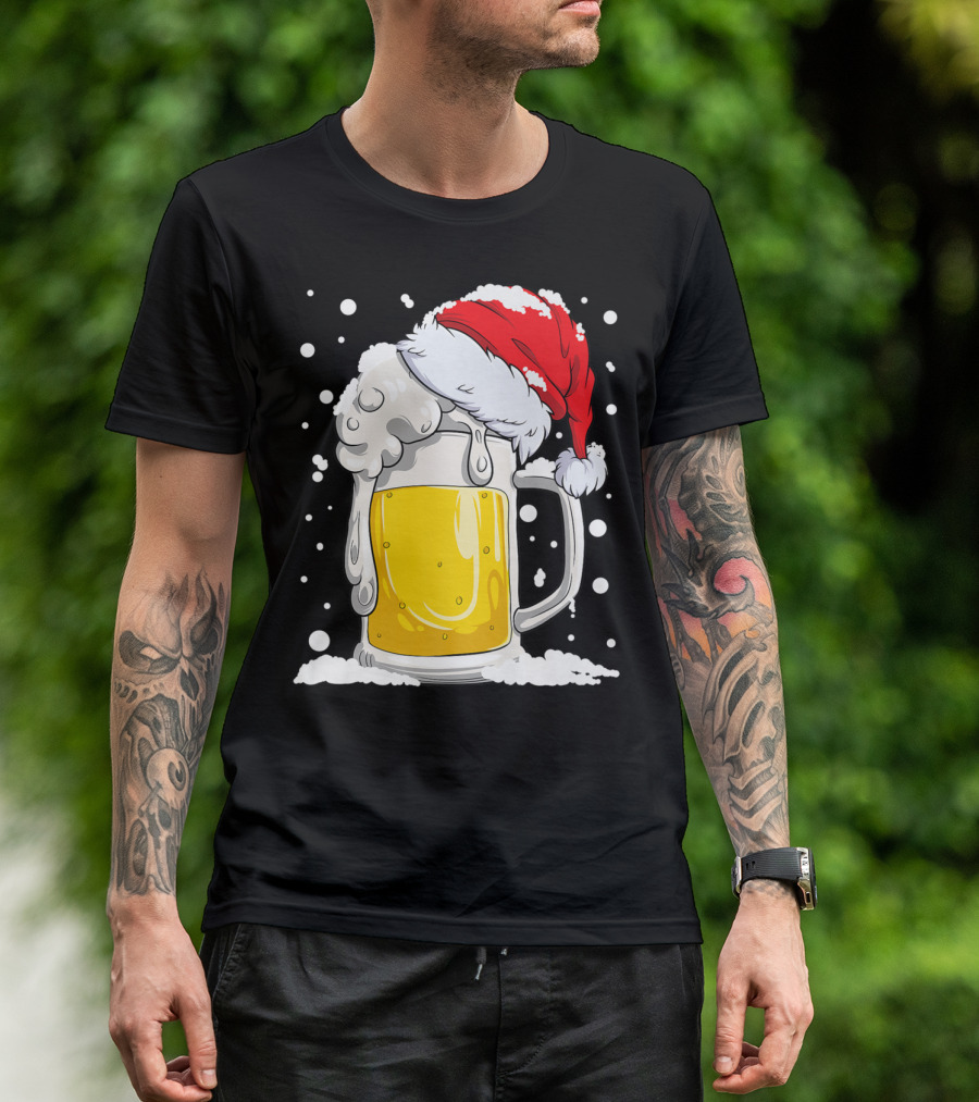 Beer Mug Wearing Santa Hat Surrounded By Snowflakes T-Shirt