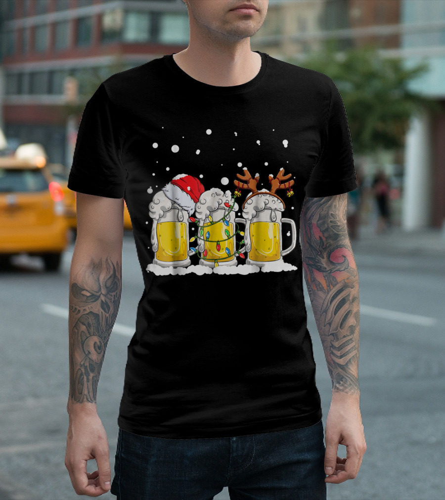 Beer Christmas Santa Hat Reindeer Antlers Xmas Lights T-Shirt