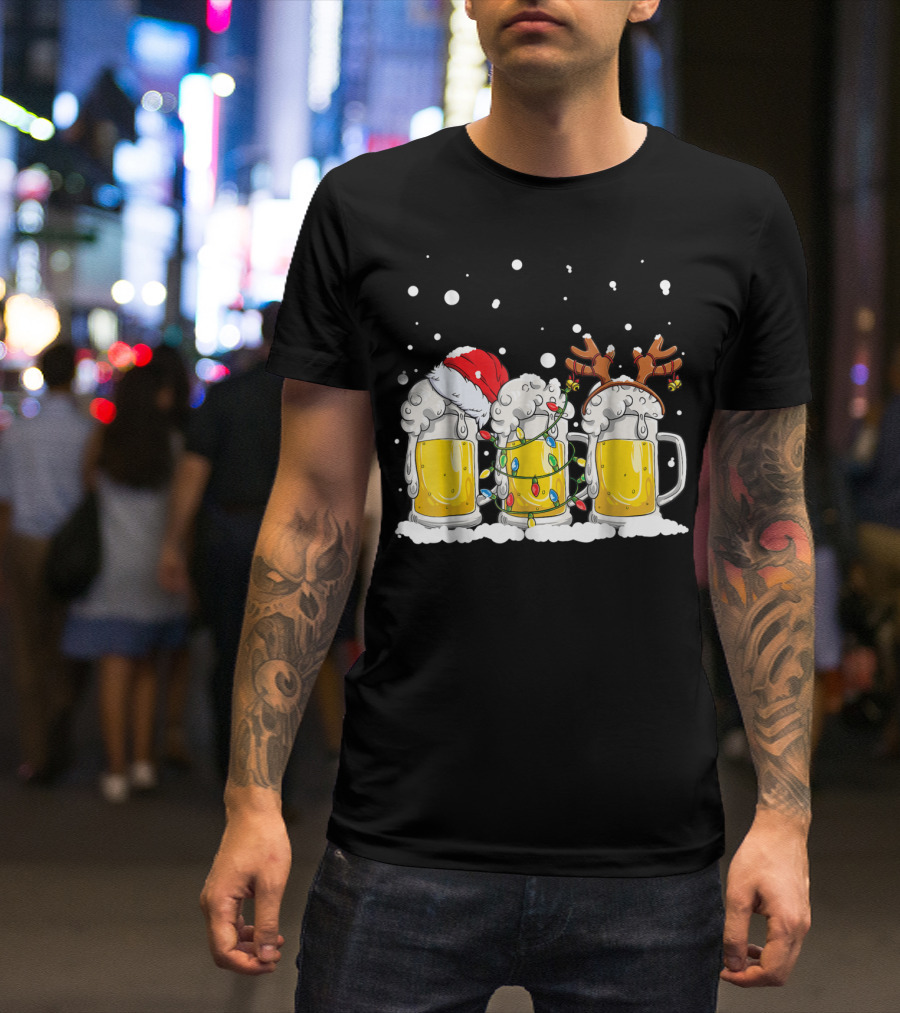 Beer Christmas Santa Hat Reindeer Antlers Xmas Lights T-Shirt