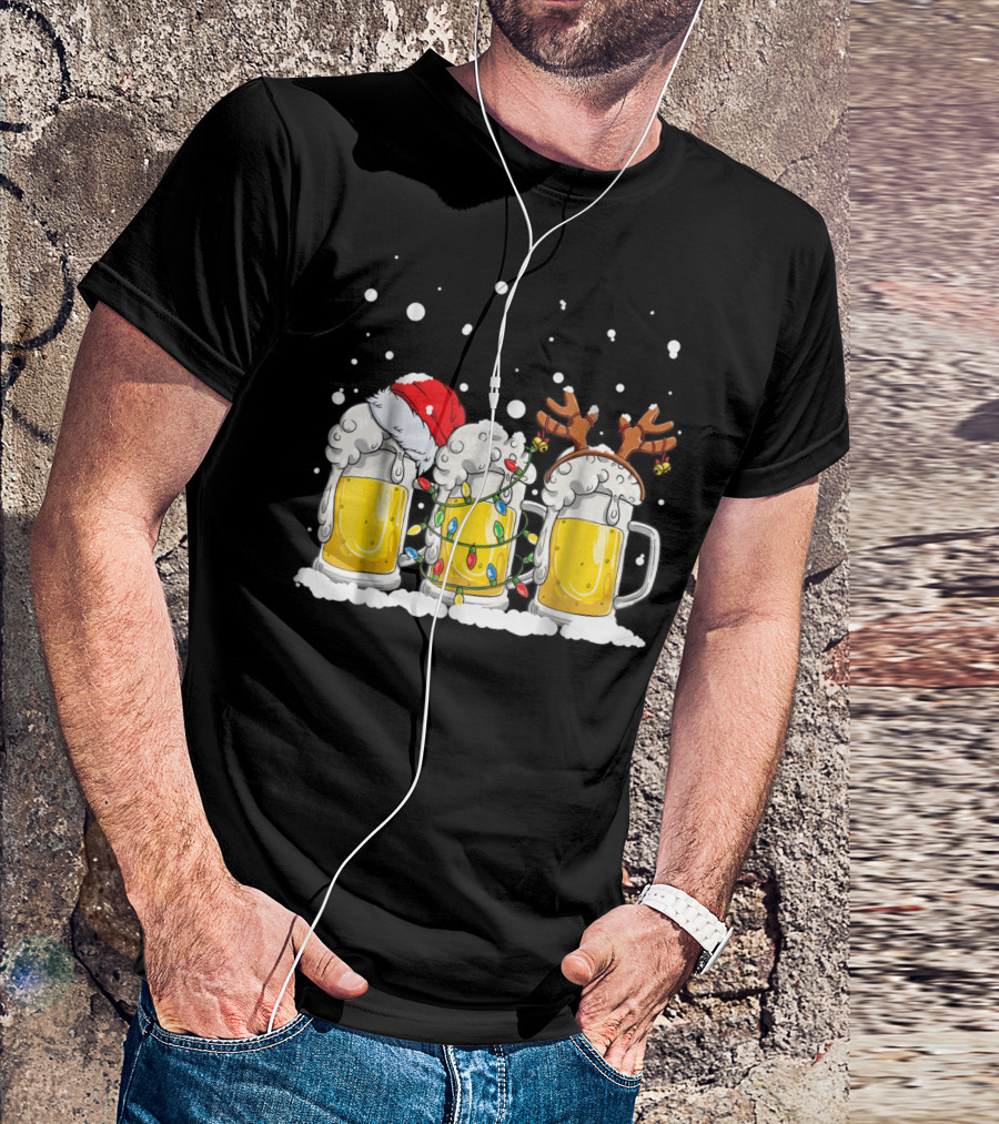 Beer Christmas Santa Hat Reindeer Antlers Xmas Lights T-Shirt