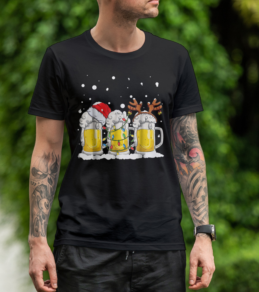 Beer Christmas Santa Hat Reindeer Antlers Xmas Lights T-Shirt