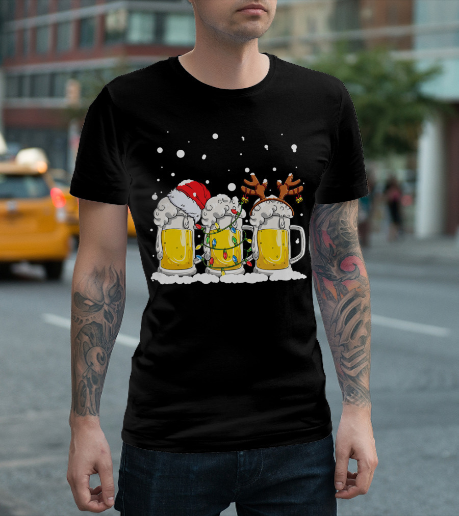 Beer Santa Christmas Lights Reinbeer Holiday Cheers T-Shirt