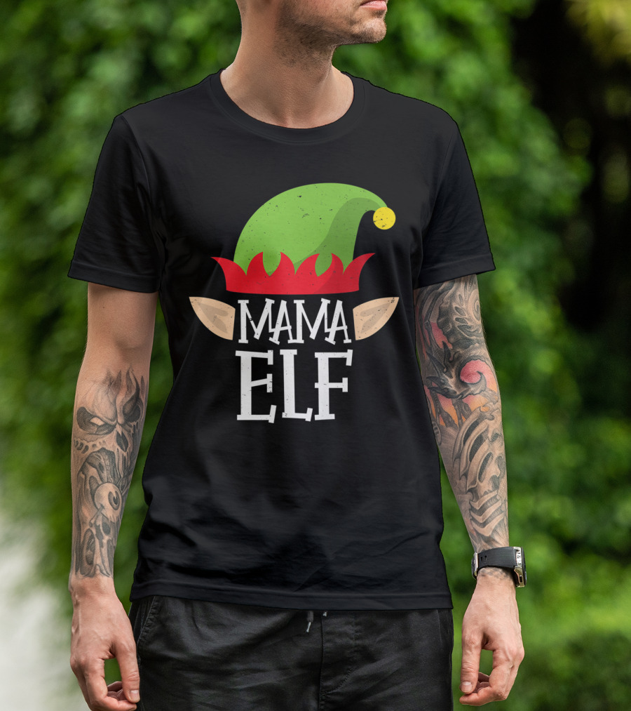 Mama Elf Christmas Matching Family Elves Hat And Ears T-Shirt