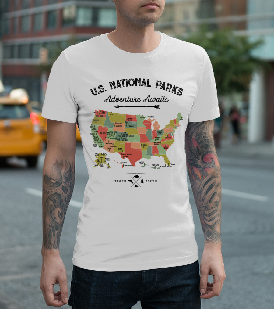 U.S. National Parks Adventure Awaits Map Preserve Protect Vintage Camping Hiking 59 US T-Shirt