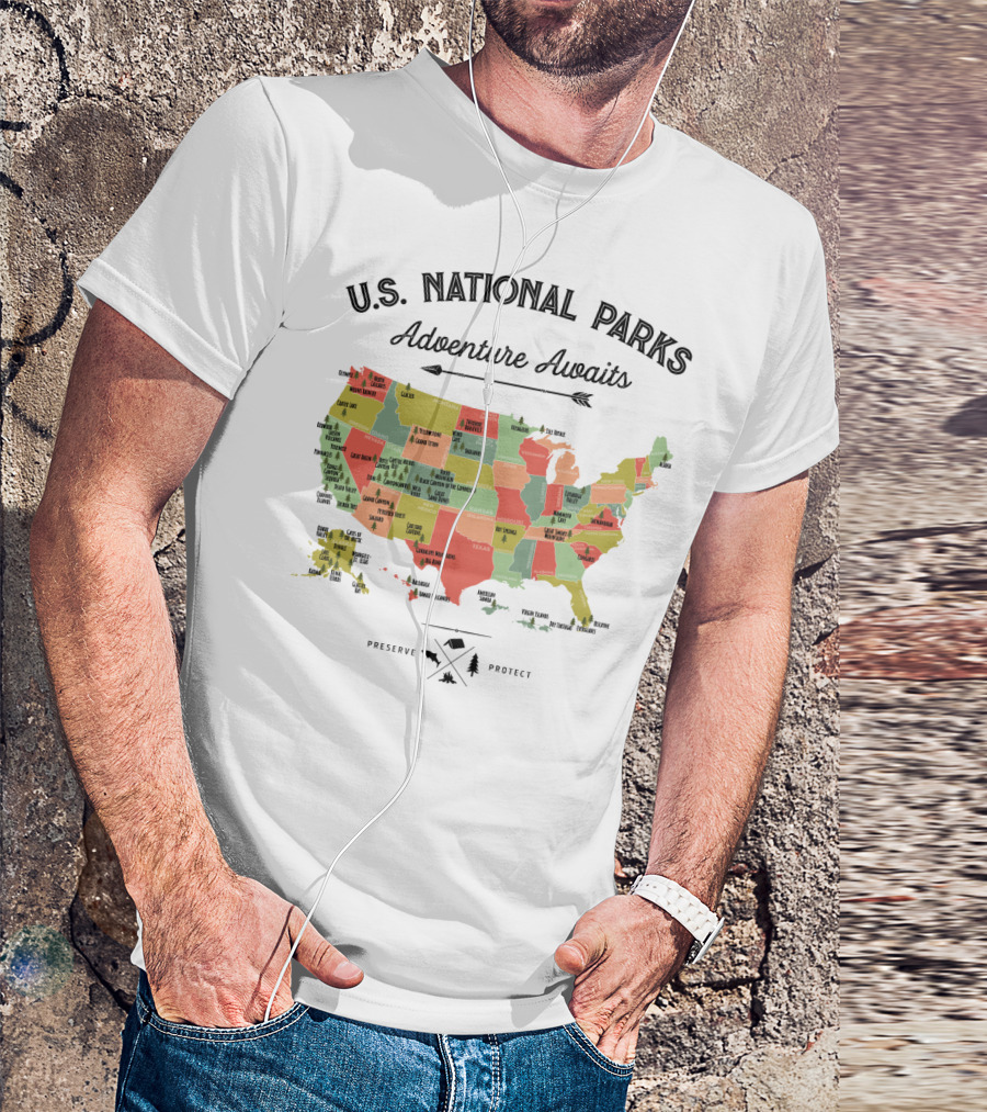 U.S. National Parks Adventure Awaits Map Preserve Protect Vintage Camping Hiking 59 US T-Shirt