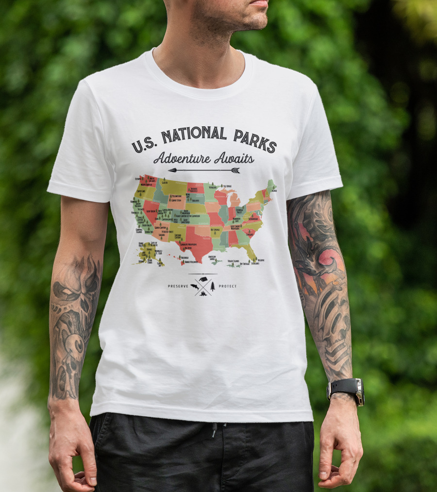 U.S. National Parks Adventure Awaits Map Preserve Protect Vintage Camping Hiking 59 US T-Shirt