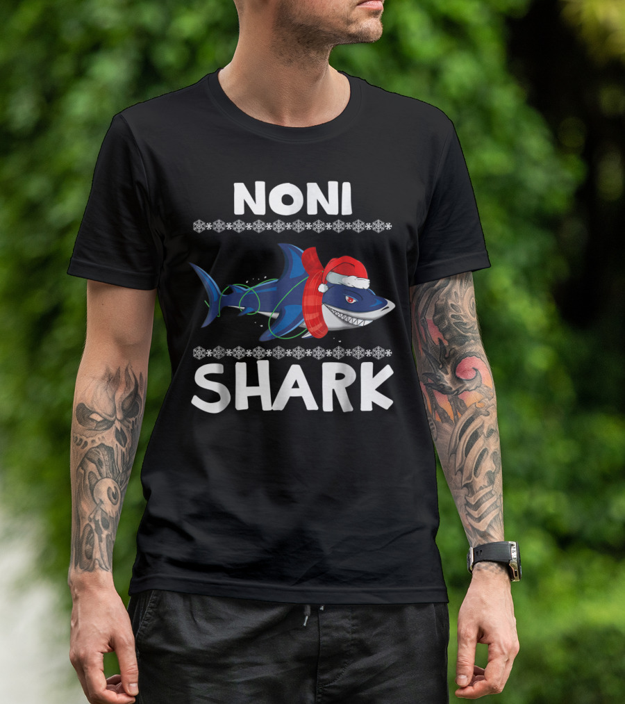 Noni Shark Christmas Family Santa Hat Snowflakes T-Shirt