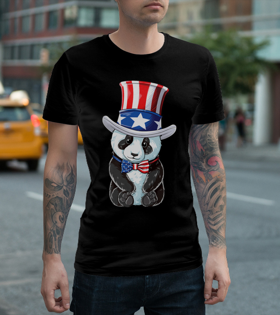 Panda Uncle Sam Patriotic American Flag Top Hat Kids Women 4th Of July T-Shirt