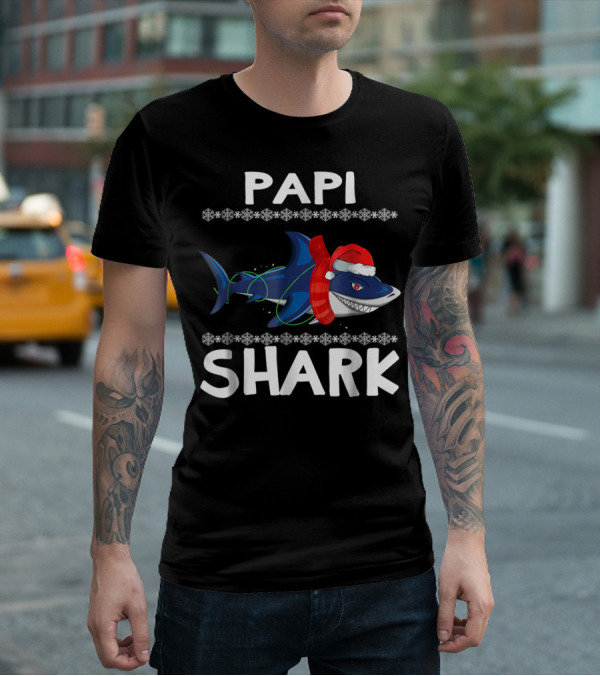 Papi Shark Ugly Christmas Family Santa Hat Snowflakes T-Shirt