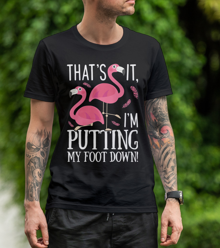 That's It I'm Putting My Foot Down Pink Flamingo Pair With Feather Details T-Shirt