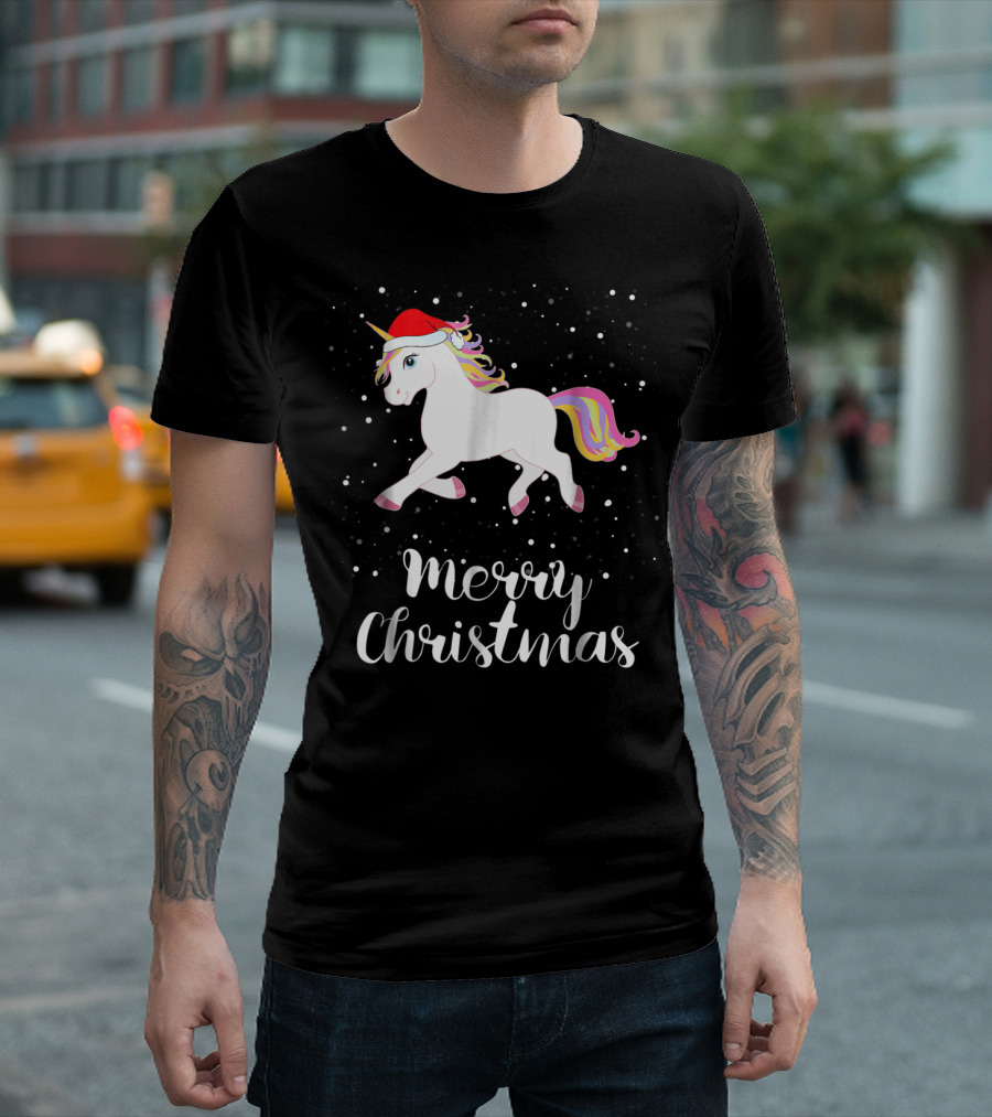 Merry Christmas Unicorn Santa Hat Family Group Matching T-Shirt