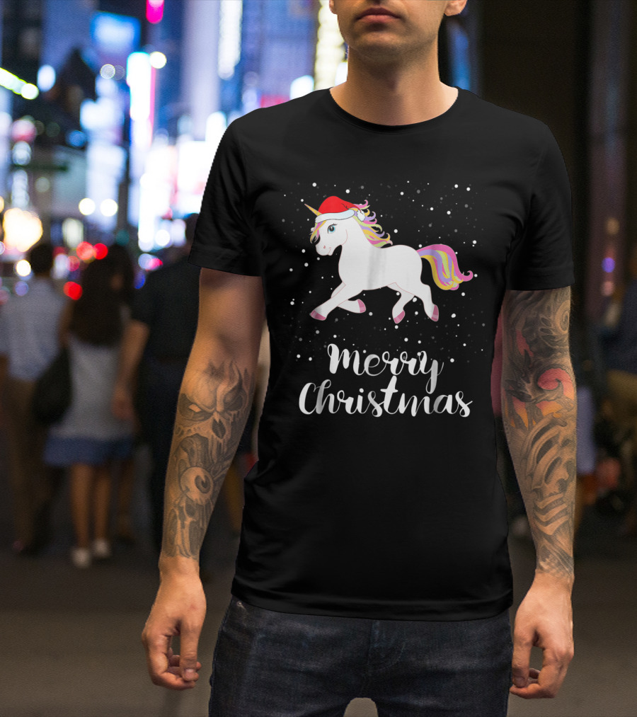 Merry Christmas Unicorn Santa Hat Family Group Matching T-Shirt