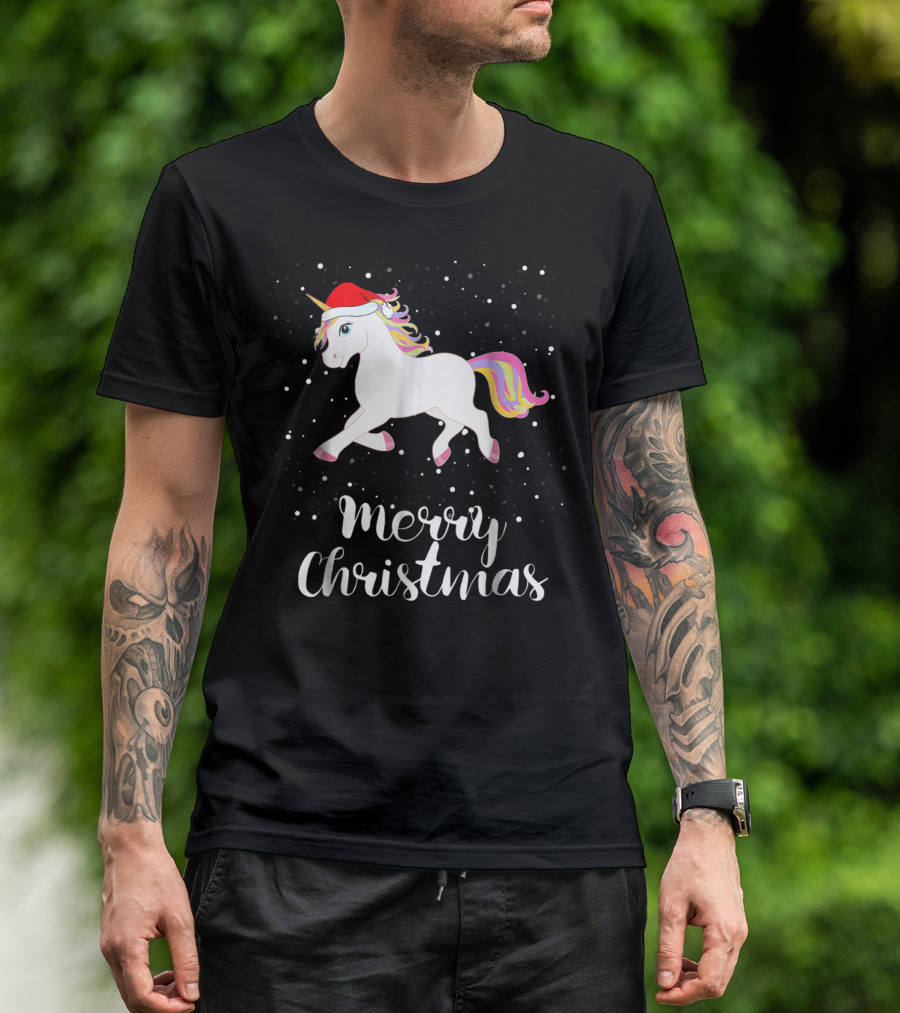 Merry Christmas Unicorn Santa Hat Family Group Matching T-Shirt