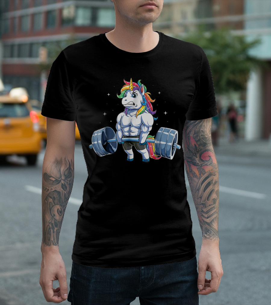 Unicorn Weightlifting Fitness Gym Deadlift Rainbow13 Muscular Mythical Beast Lifting Barbell T-Shirt