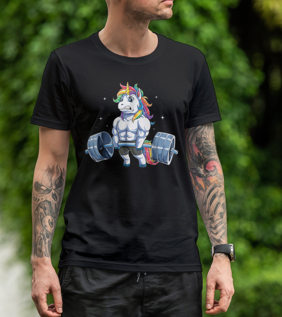 Unicorn Weightlifting Fitness Gym Deadlift Rainbow13 Muscular Mythical Beast Lifting Barbell T-Shirt