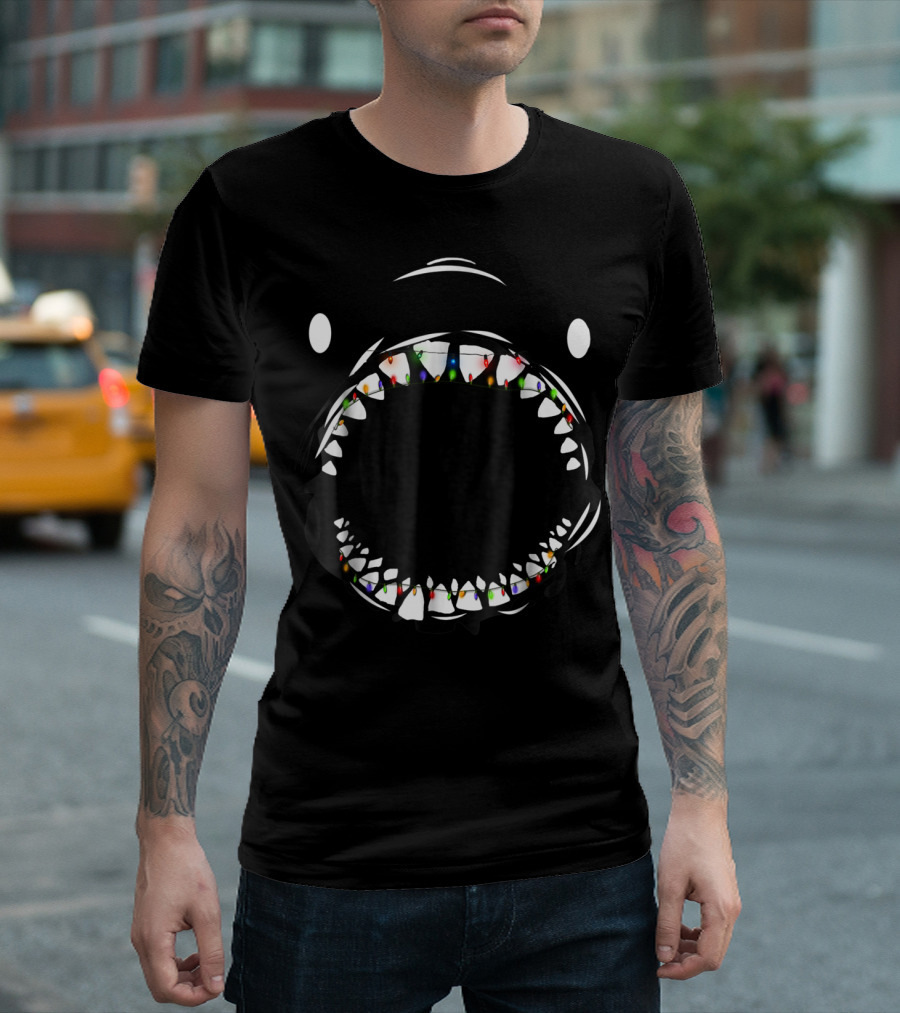 Shark Face With Christmas Lights Xmas Shark T-Shirt