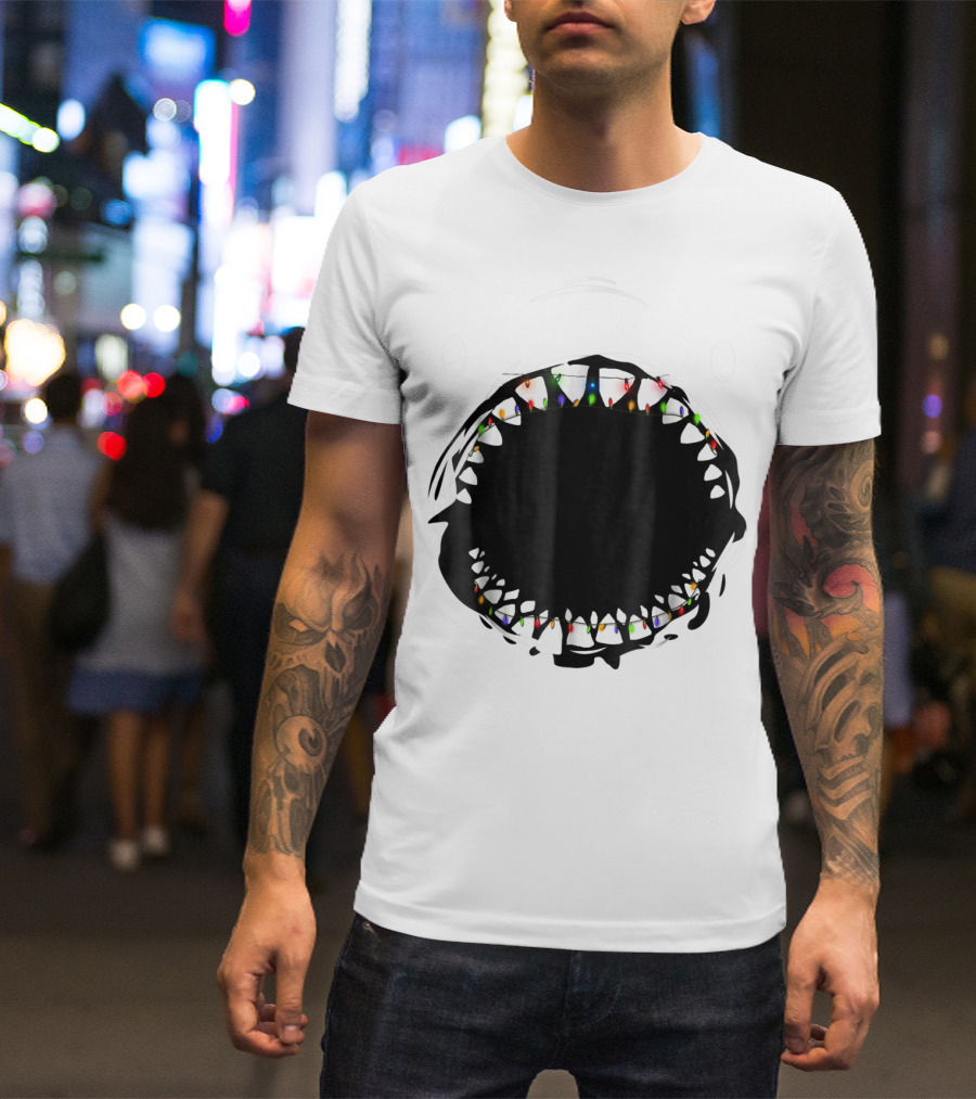 Shark Face With Christmas Lights Xmas Shark T-Shirt