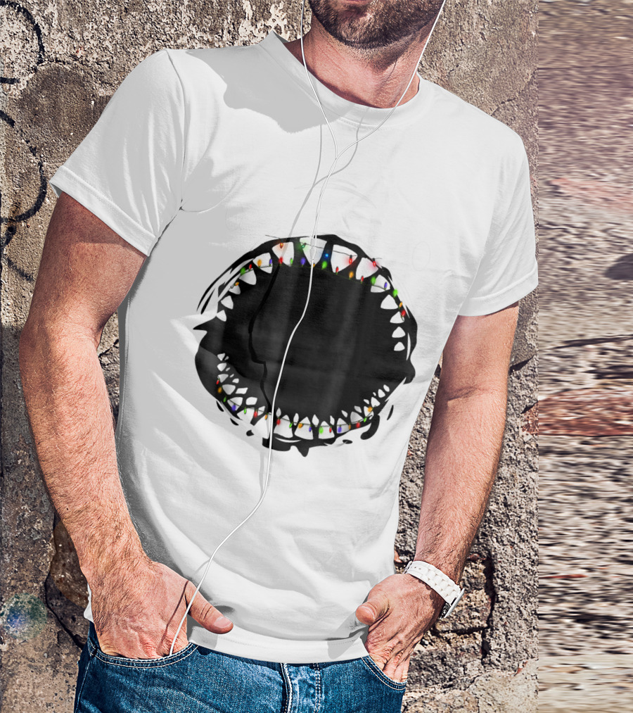 Shark Face With Christmas Lights Xmas Shark T-Shirt