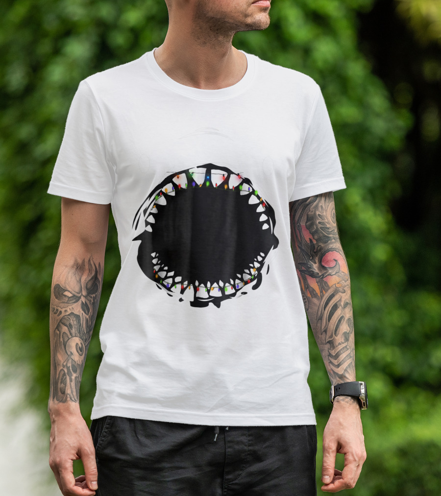 Shark Face With Christmas Lights Xmas Shark T-Shirt