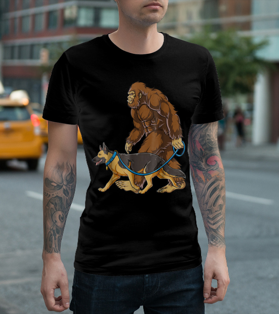 Bigfoot Sasquatch Walking German Shepherd Dog For Kids And Men T-Shirt