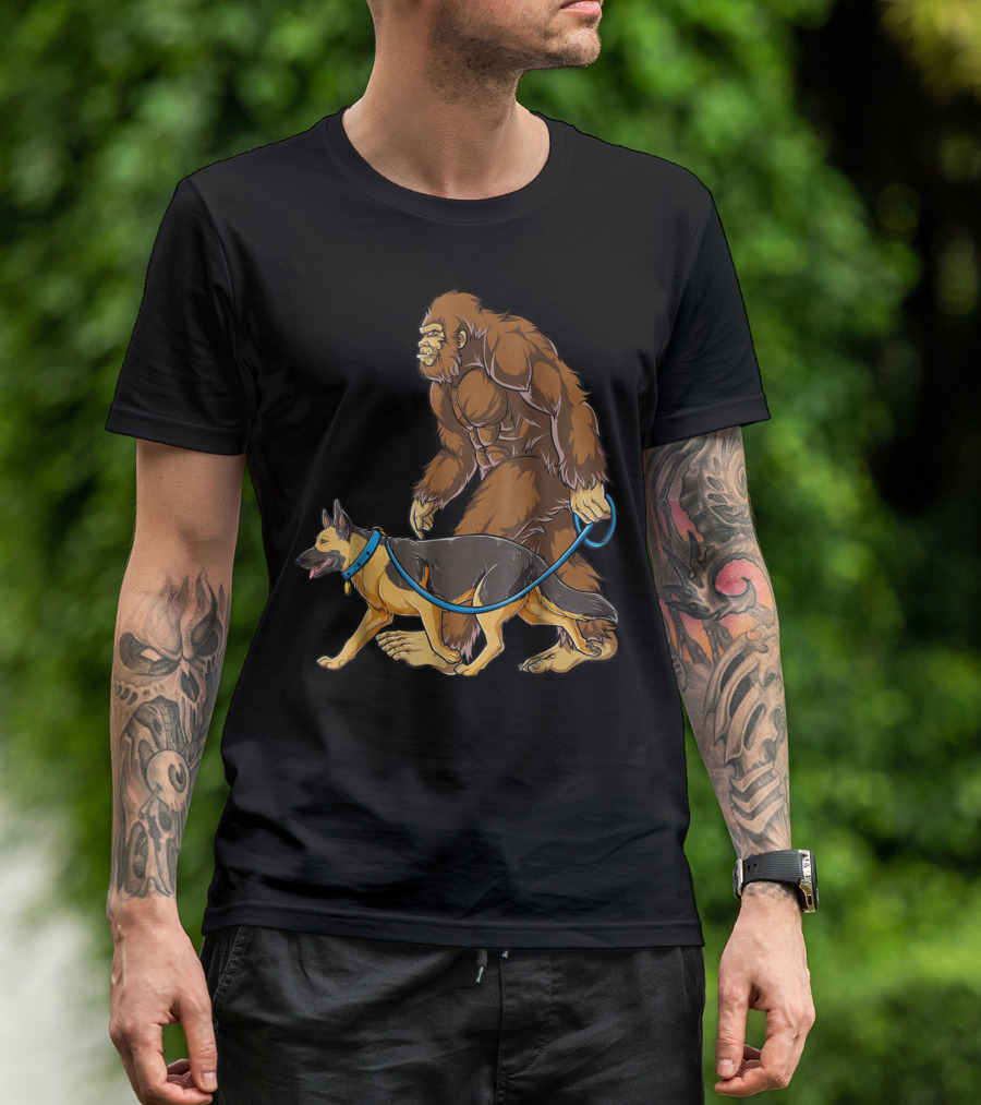 Bigfoot Sasquatch Walking German Shepherd Dog For Kids And Men T-Shirt