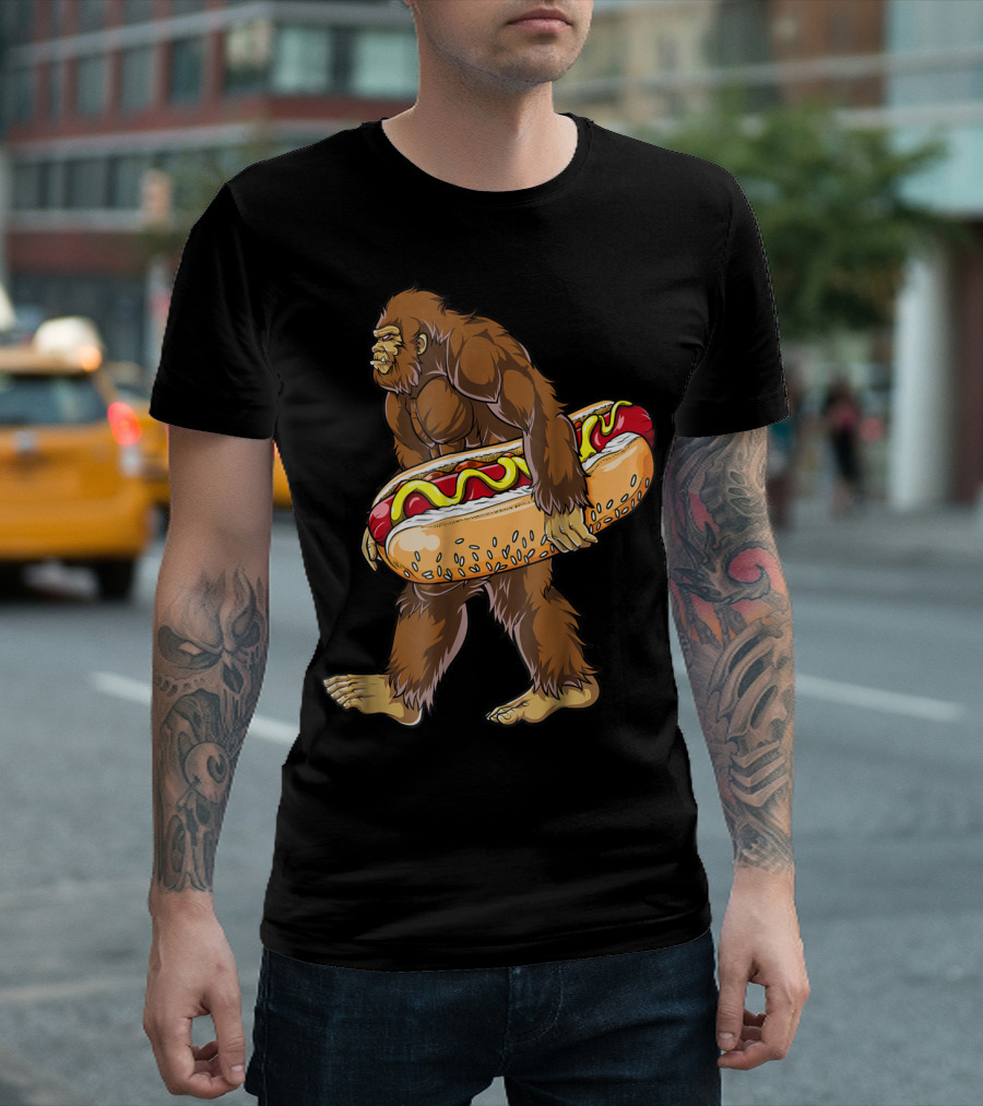 Bigfoot Carrying Giant Hotdog Sasquatch Food Lovers T-Shirt