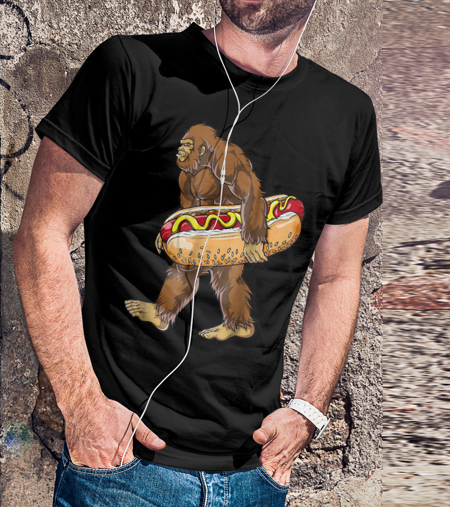 Bigfoot Carrying Giant Hotdog Sasquatch Food Lovers T-Shirt