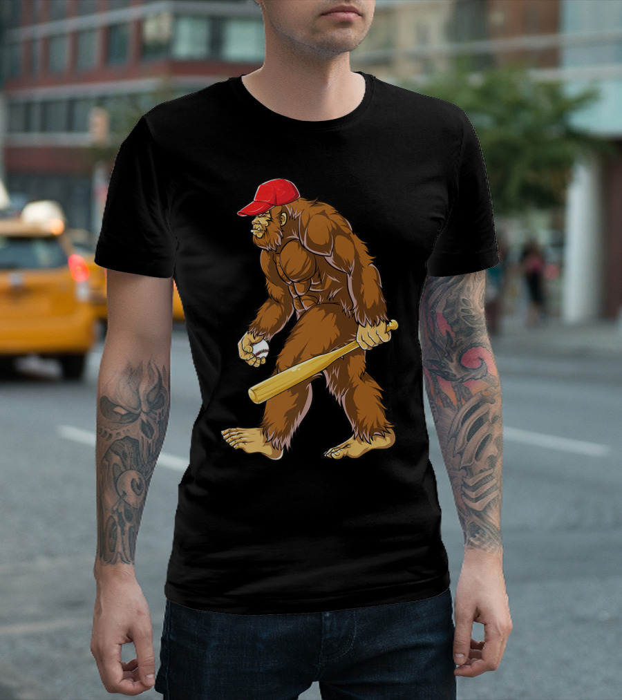 Bigfoot Sasquatch Baseball Catcher Pitcher Men Boys Red Cap Bat Sports T-Shirt