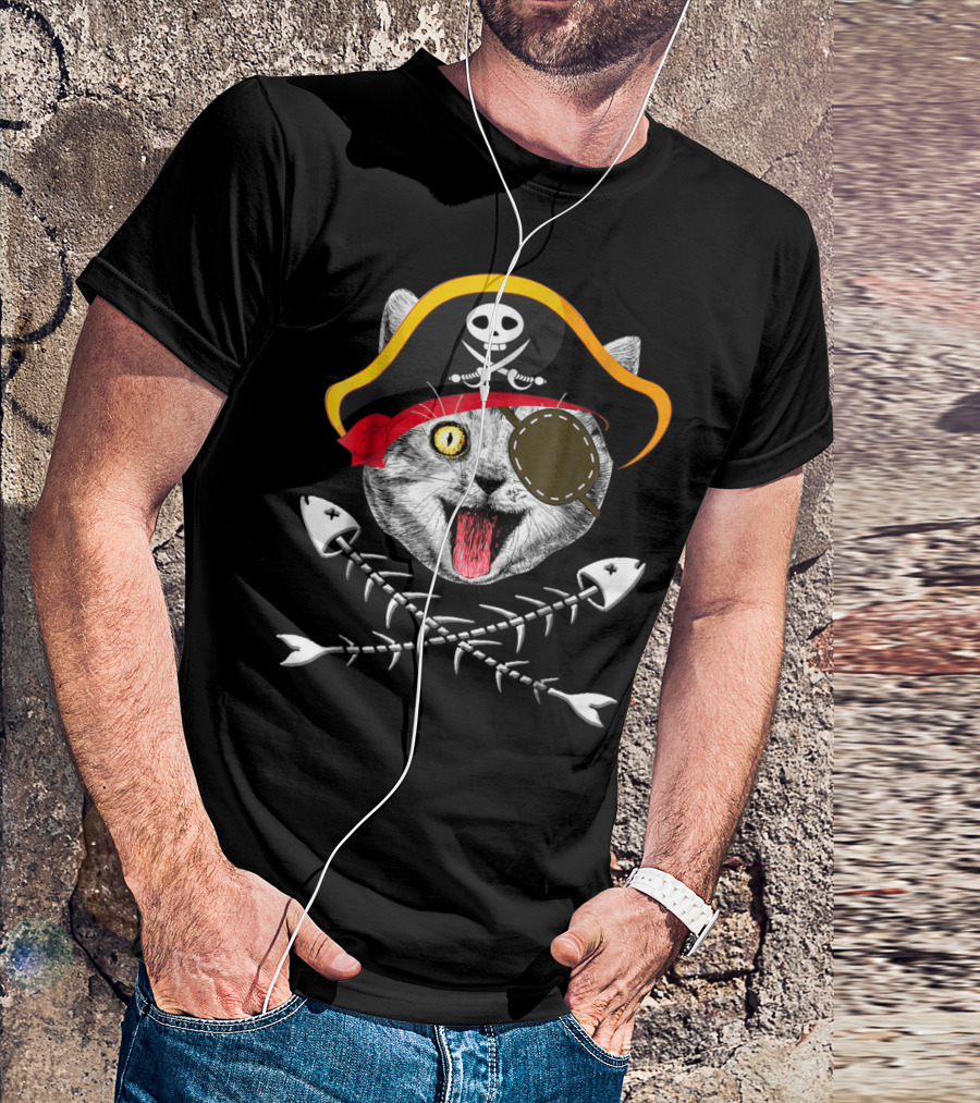 Cat Pirate Jolly Roger Flag Skull Crossbones Eyepatch Fishbones T-Shirt