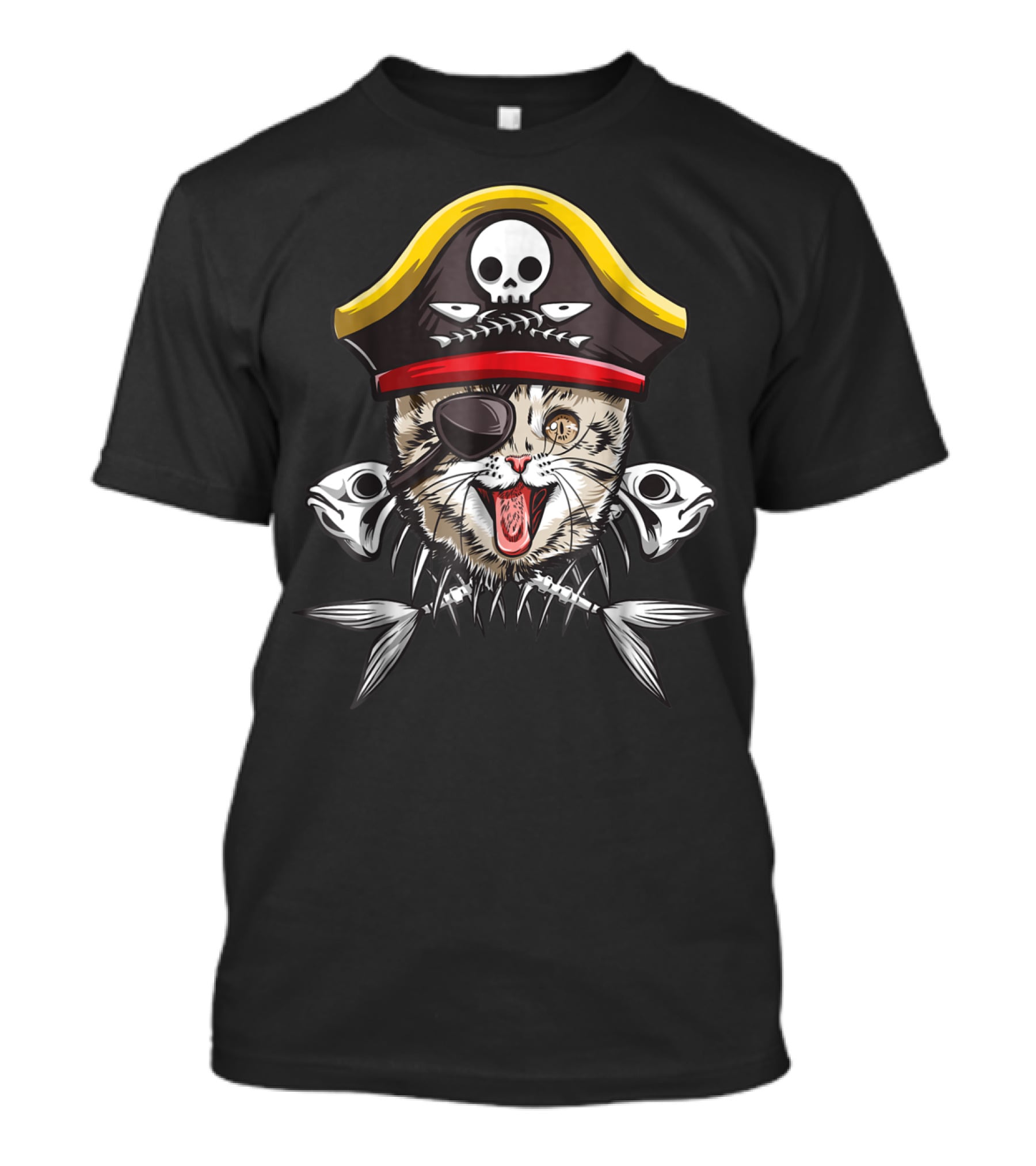 Cat Pirate Jolly Roger Flag Skull Crossbones Captain15 Eye Patch Fish Bones Hat Skull T-Shirt