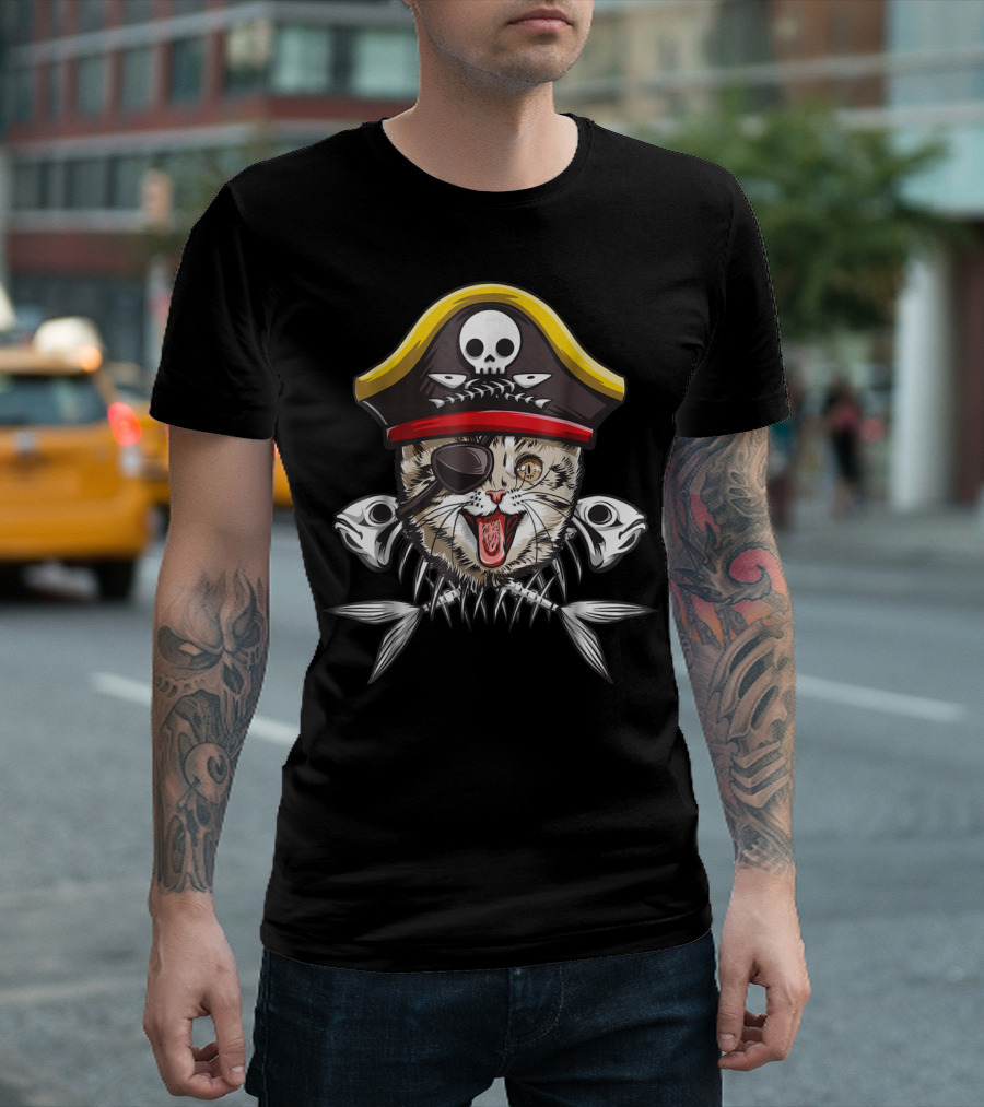 Cat Pirate Jolly Roger Flag Skull Crossbones Captain15 Eye Patch Fish Bones Hat Skull T-Shirt