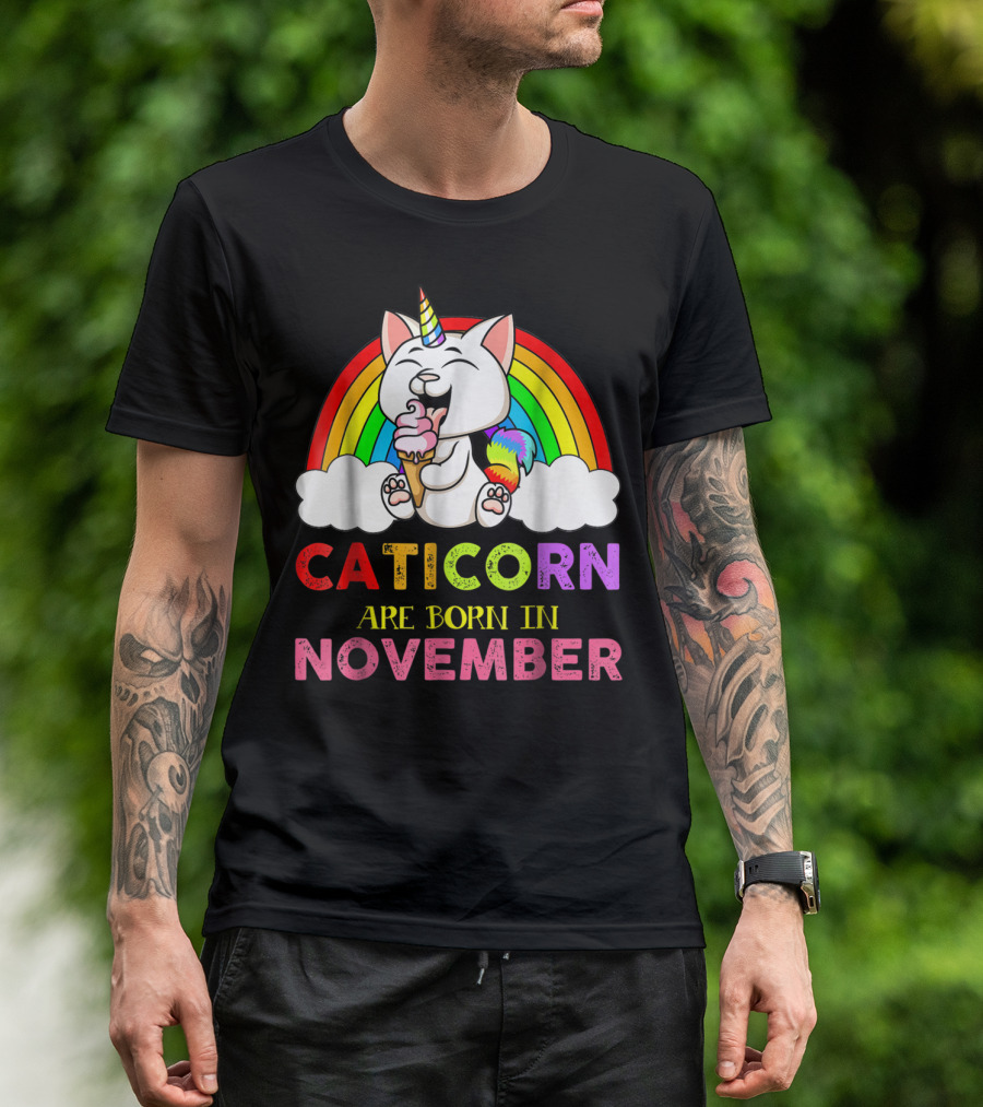 Caticorn Are Born In November Rainbow Ice Cream Cloud Cat Unicorn T-Shirt