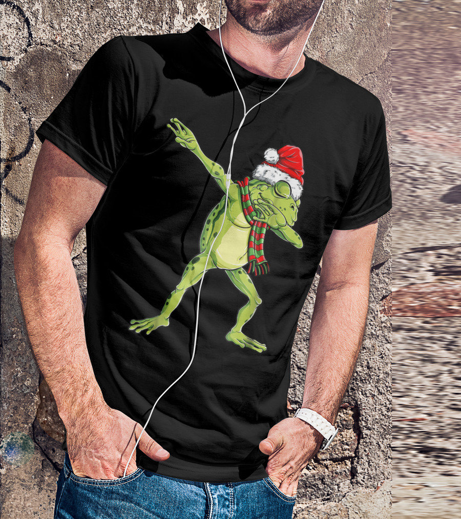 Christmas Dabbing Frog With Santa Hat And Scarf T-Shirt